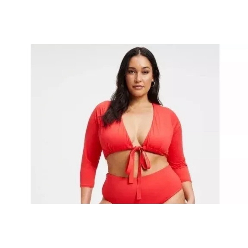 Good American Sexy‎ Boost Swim Top 3/4 Sleeve Tie Front Bright Poppy Red Small